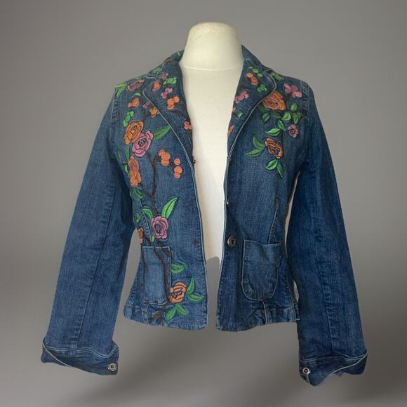 E by ECI Tailored Jacket Blue Denim Embroidered Floral Collared Snaps Read Size - Picture 1 of 11